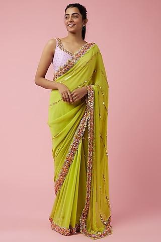 dull lime green silk pearl & crystal embroidered saree set