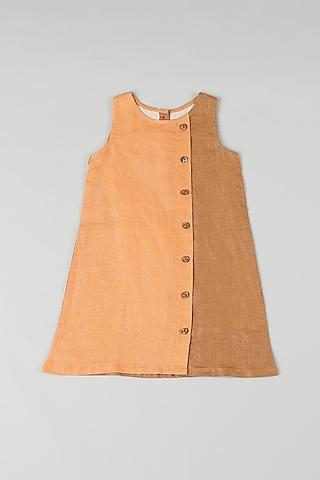 dull orange & brown color blocked dress for girls