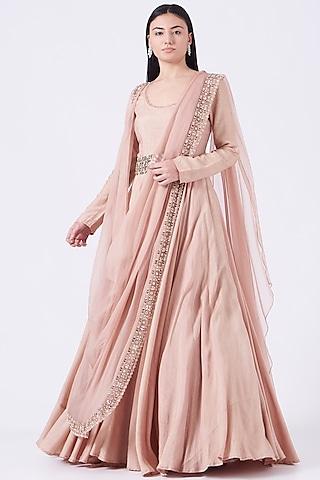 dull peach silk embellished anarkali set