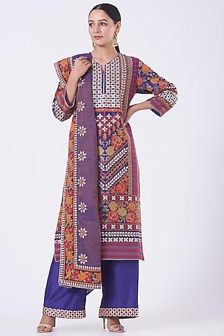 dull purple embroidered straight kurta set