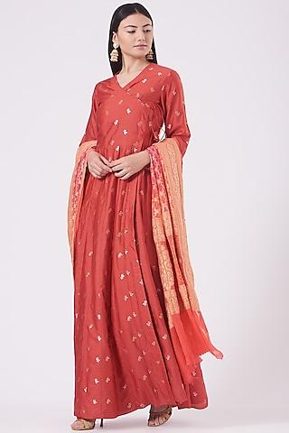 dull red summer silk angrakha kurta set