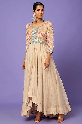 dull silver hand embroidered jacket anarkali set