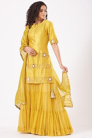 dull yellow net sharara set