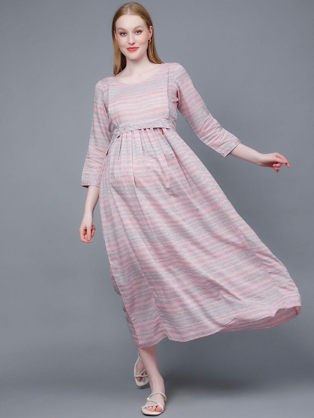 dummy shape striped embroidered fit & flare midi pure cotton maternity feeding dress