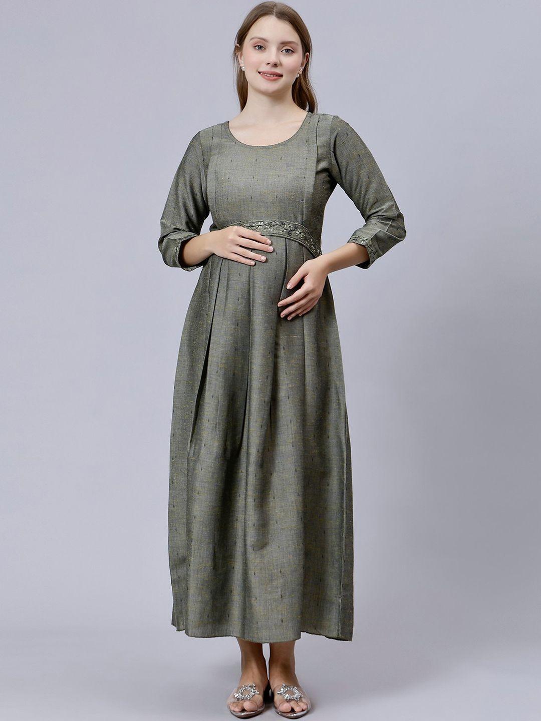 dummy shape embroidered maternity pure cotton a-line ethnic dress