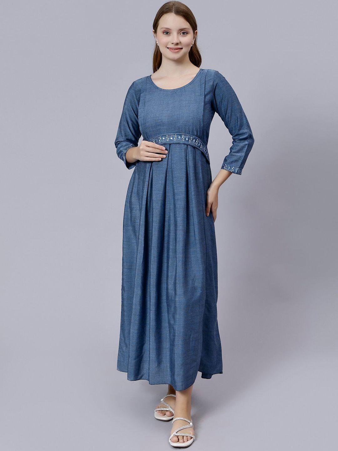 dummy shape self designed embroidered fit & flare midi pure cotton maternity feeding dress