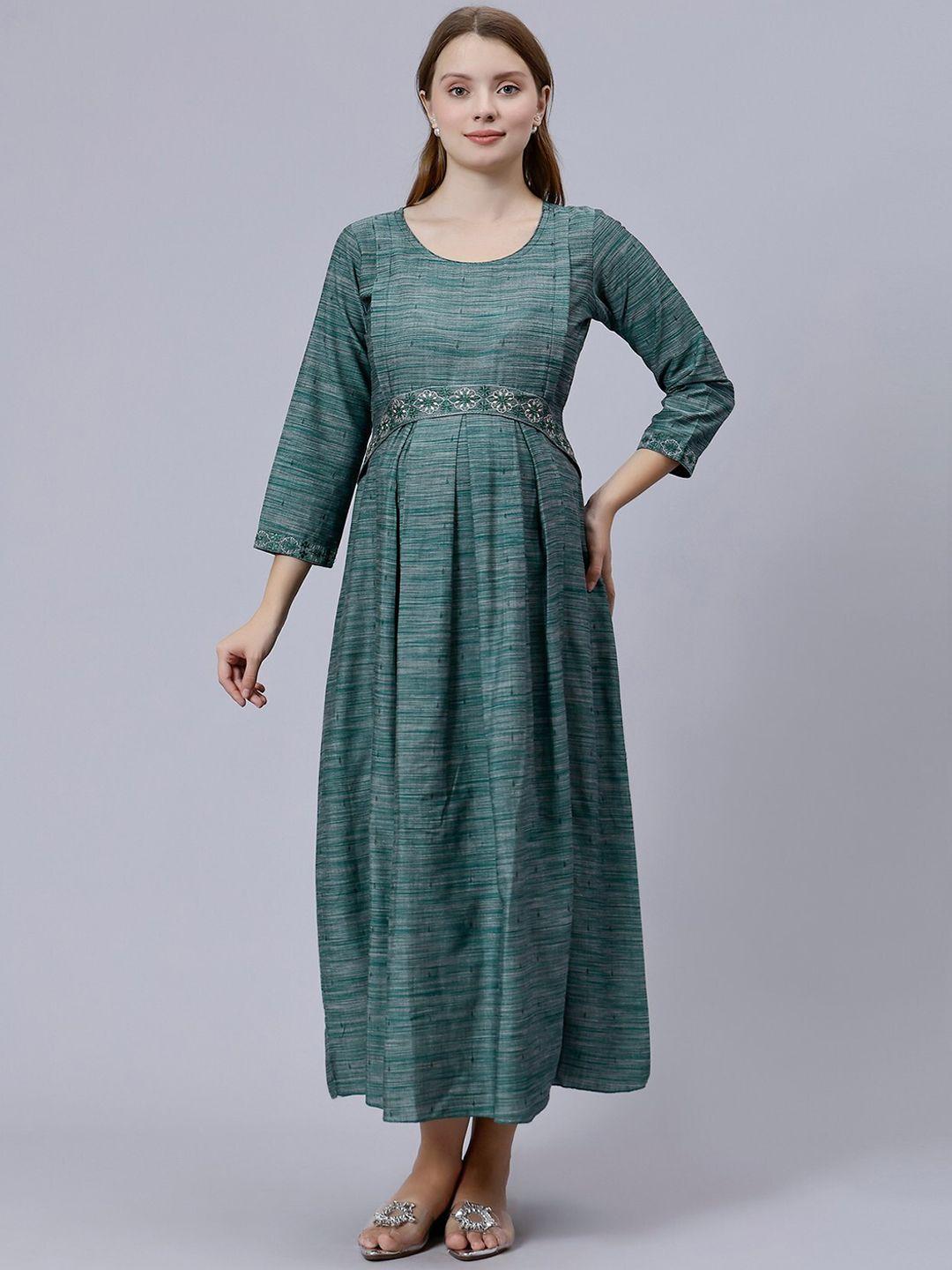 dummy shape striped embroidered fit & flare midi pure cotton maternity feeding dress