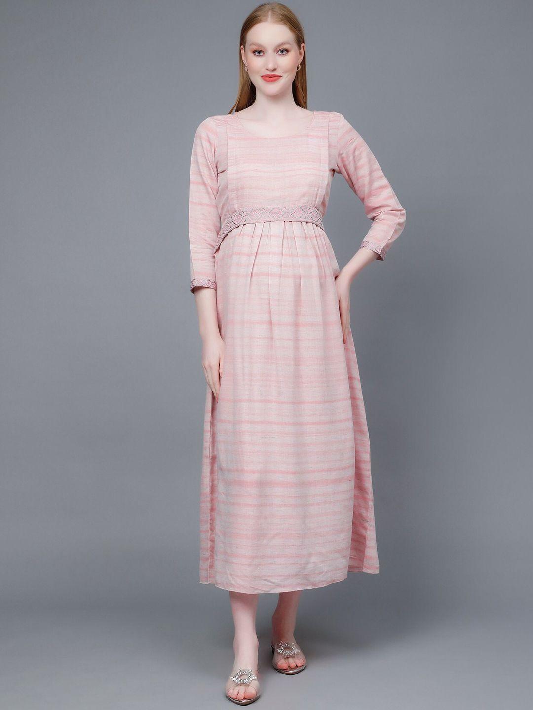 dummy shape striped embroidered fit & flare midi pure cotton maternity feeding dress