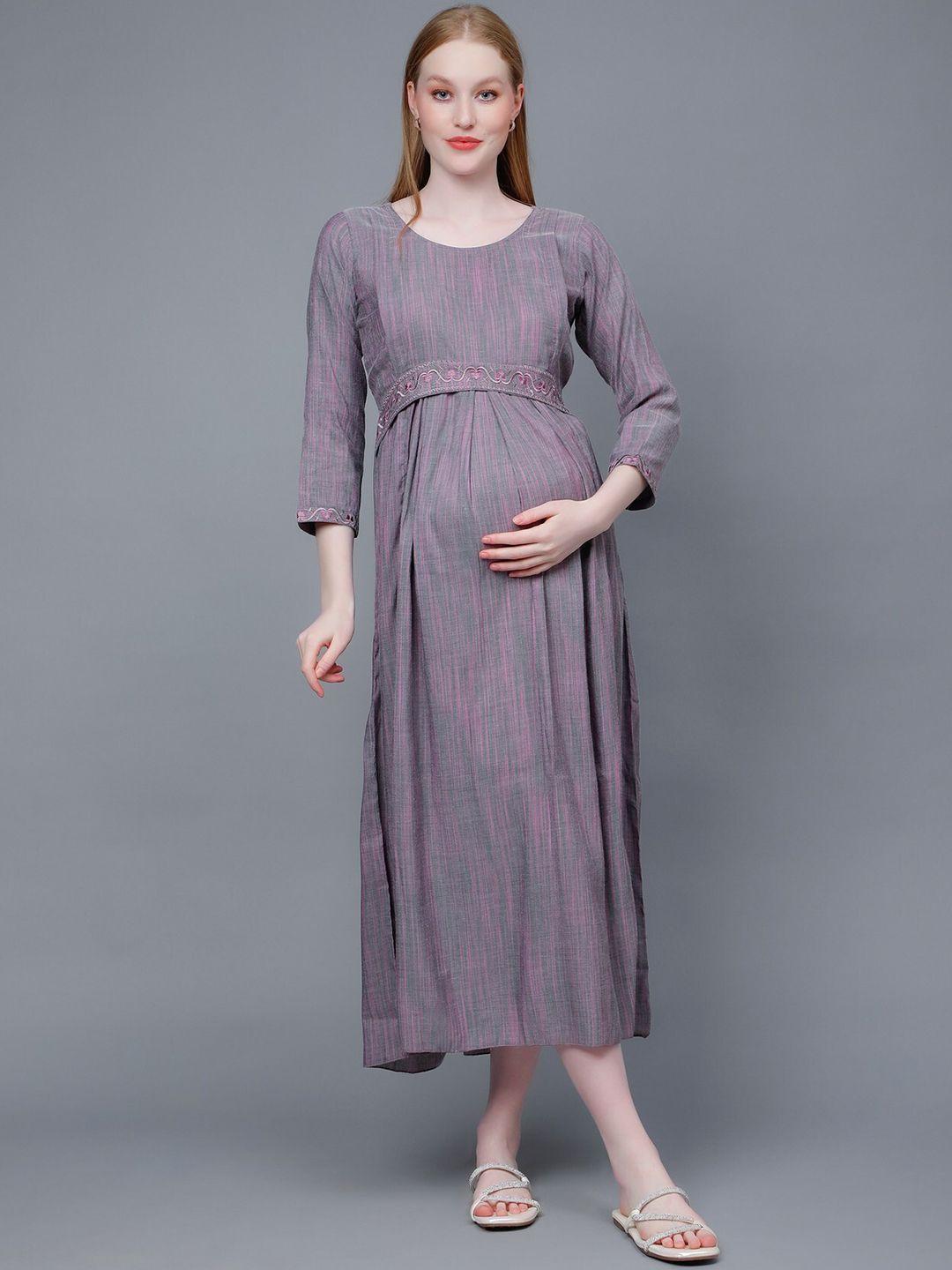 dummy shape striped embroidered fit & flare midi pure cotton maternity feeding dress