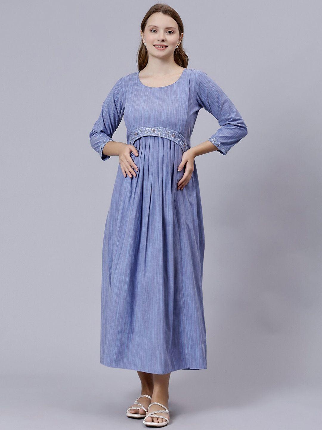 dummy shape striped embroidered fit & flare midi pure cotton maternity feeding dress