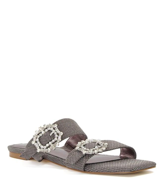 dune london women's nice embellished pewter slide sandals