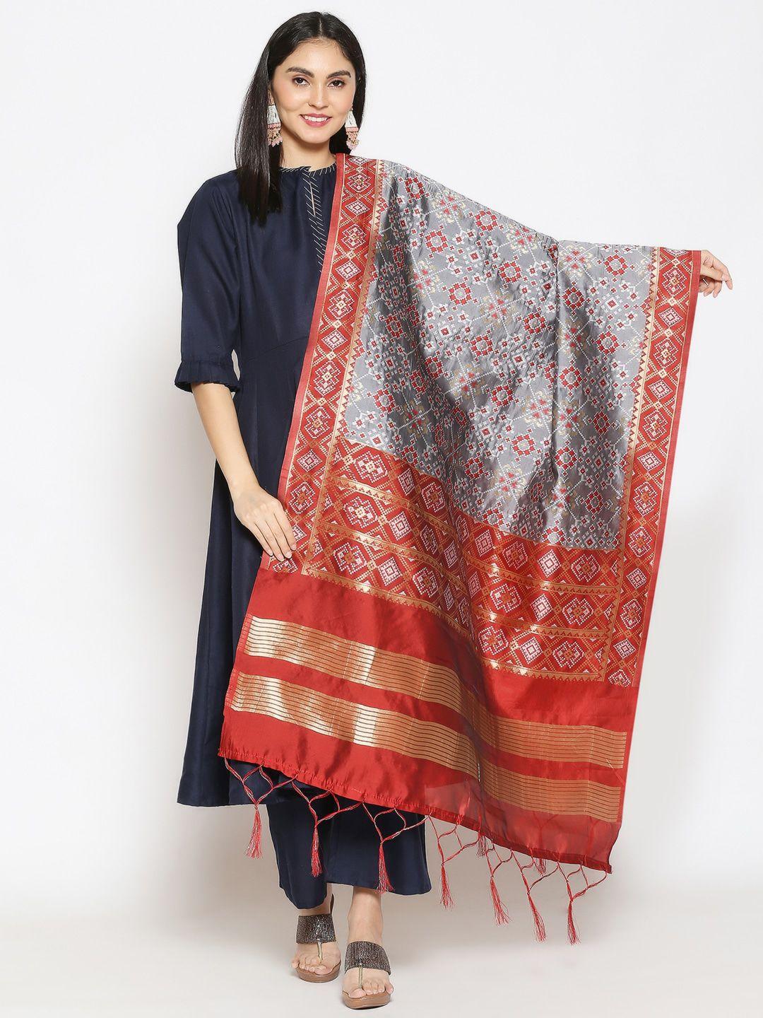 dupatta bazaar grey & red ethnic motifs printed dupatta