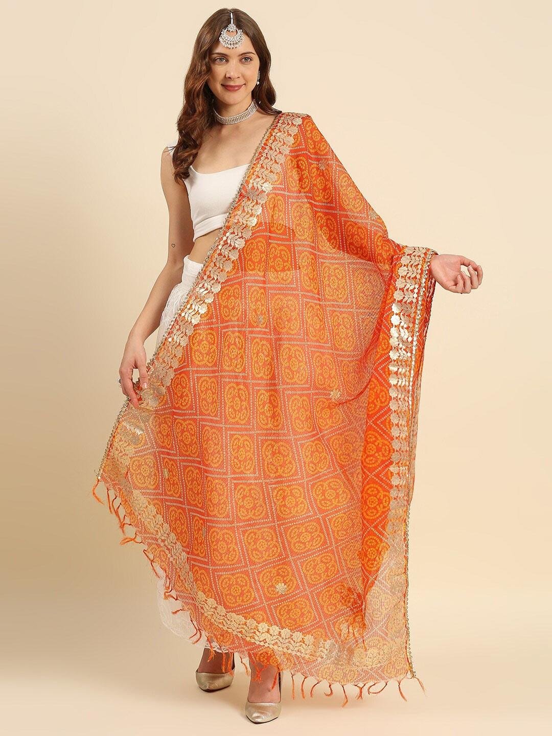dupatta bazaar women orange & yellow printed dupatta with gotta patti