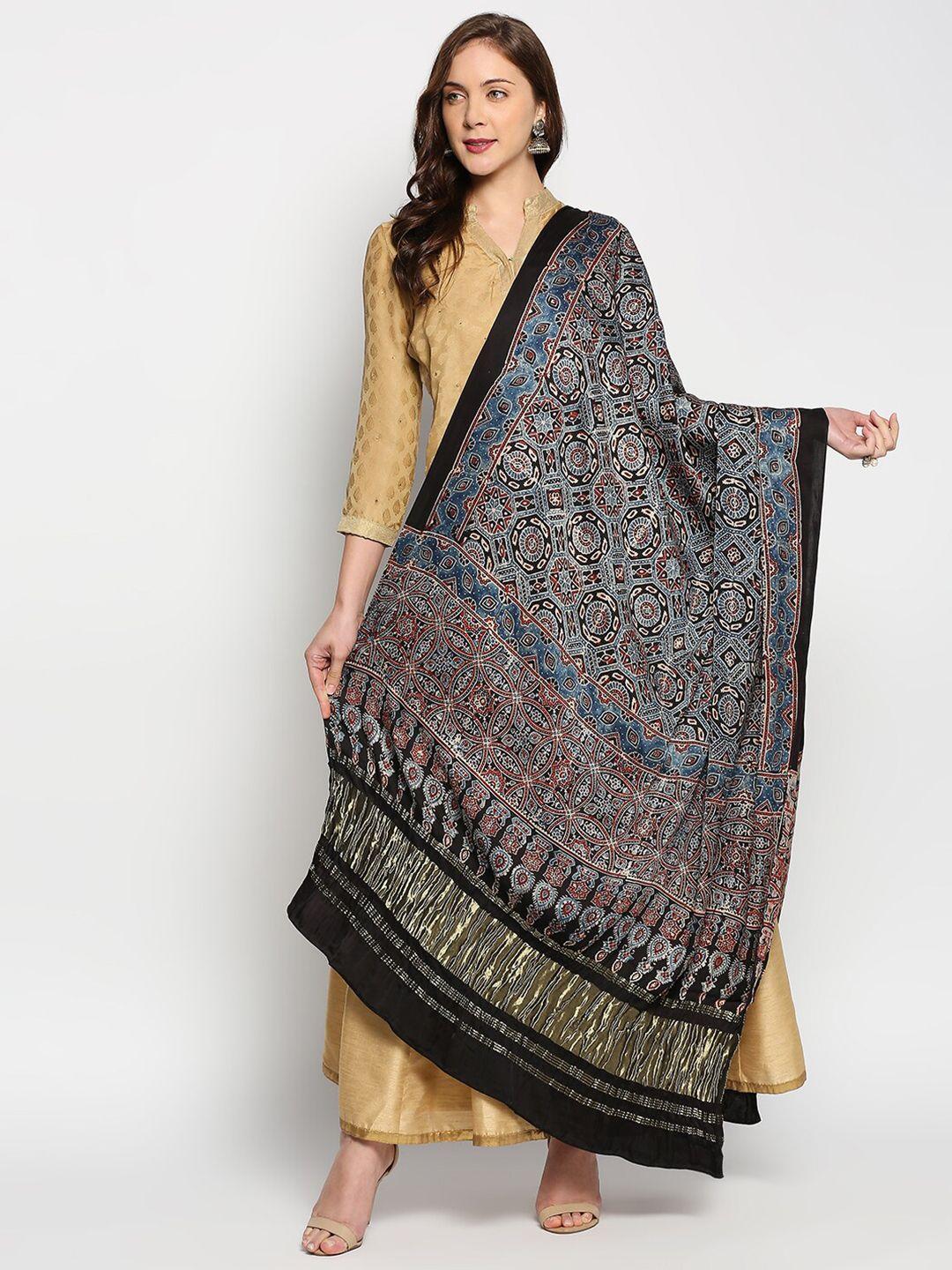 dupatta bazaar black & blue ethnic motifs printed block print dupatta