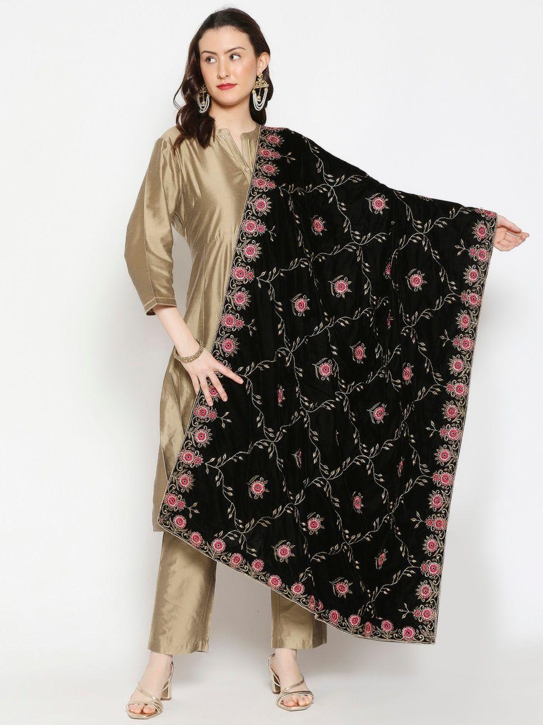 dupatta bazaar black & pink embroidered velvet dupatta with thread work