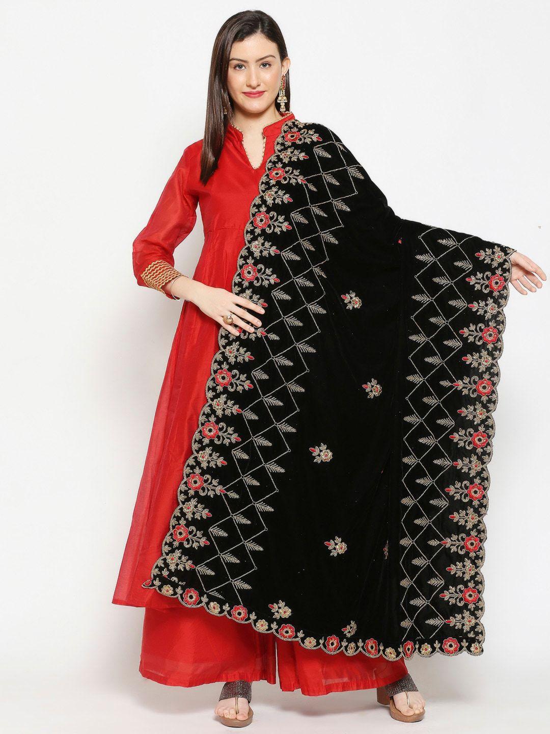 dupatta bazaar black & red embroidered velvet dupatta with thread work