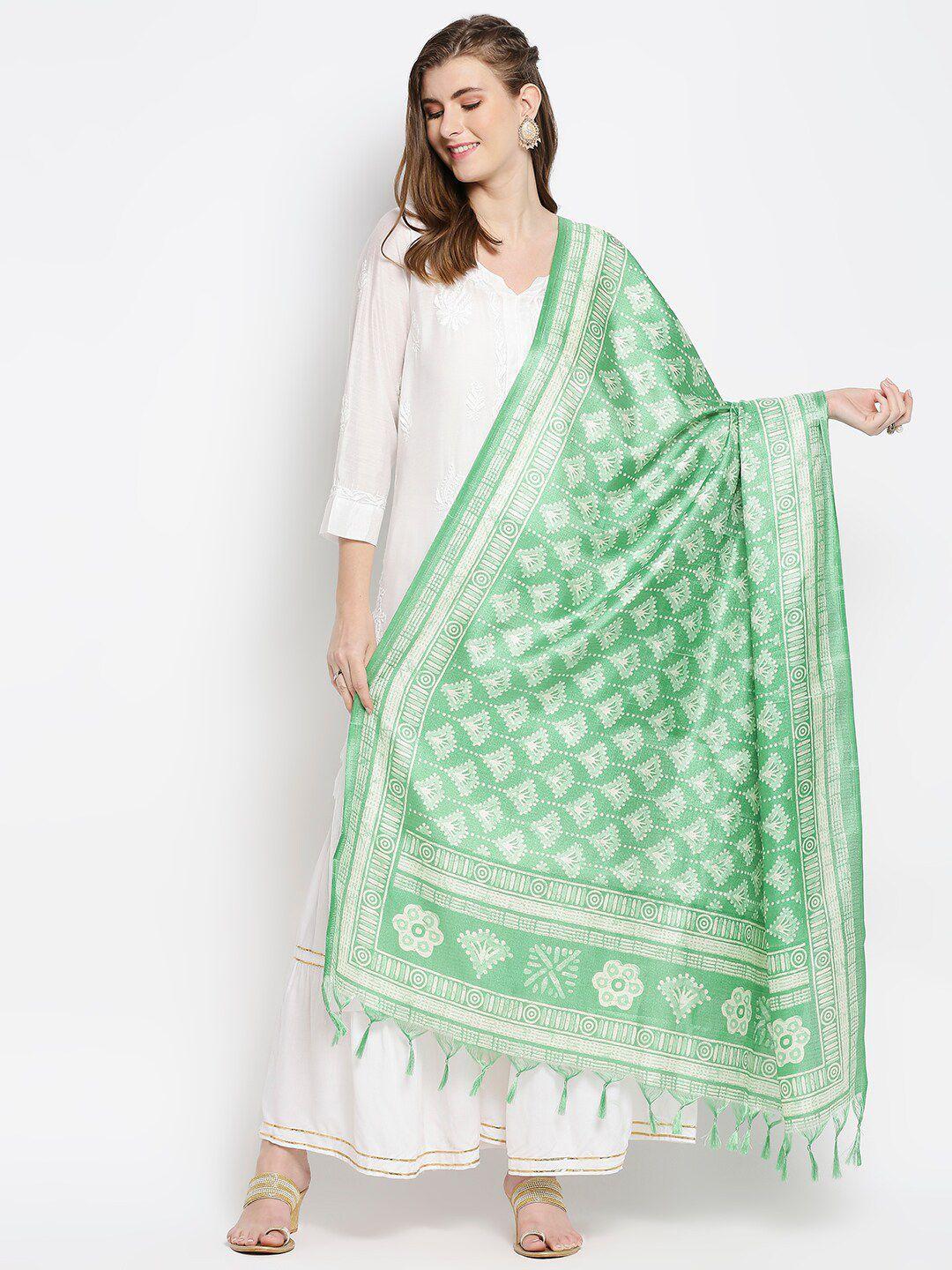 dupatta bazaar green & white ethnic motifs printed art silk dupatta