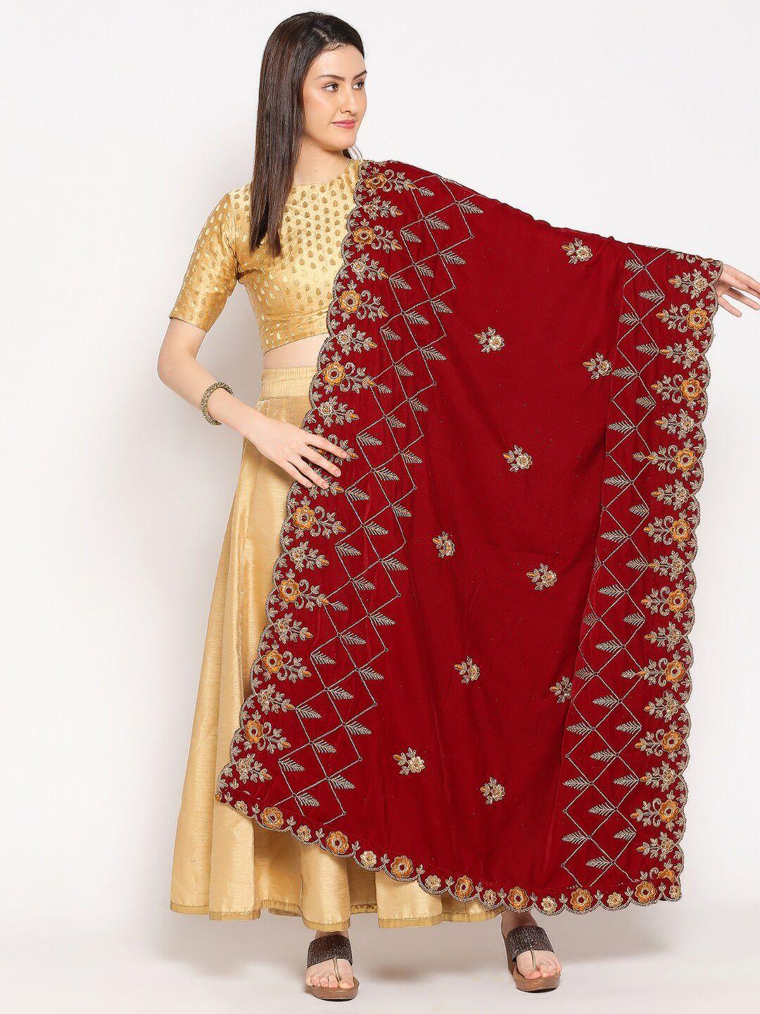 dupatta bazaar maroon & gold-toned embroidered velvet dupatta with zardozi