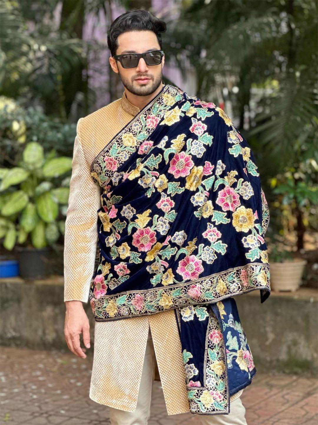 dupatta bazaar men black & multicoloured embroidered velvet dupatta with sequinned