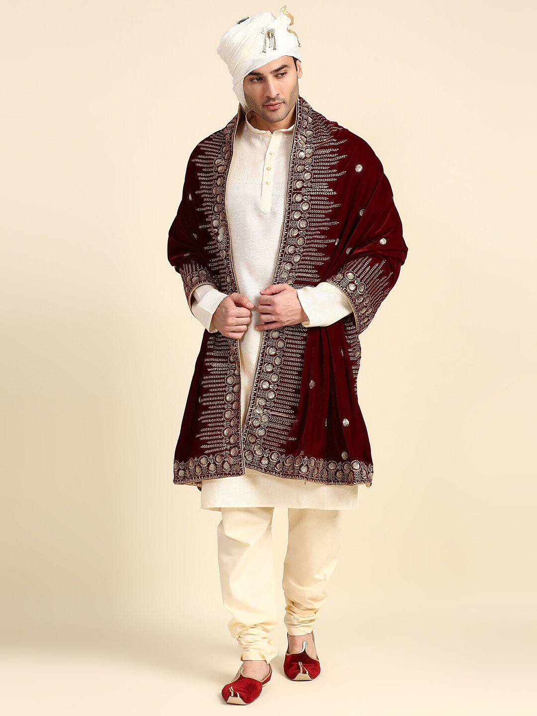 dupatta bazaar men maroon & gold-toned ethnic motifs embroidered velvet dupatta with sequinned