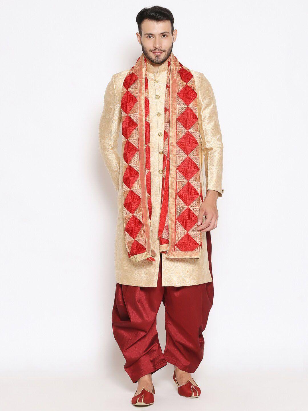 dupatta bazaar men red & gold-toned embroidered dupatta with phulkari