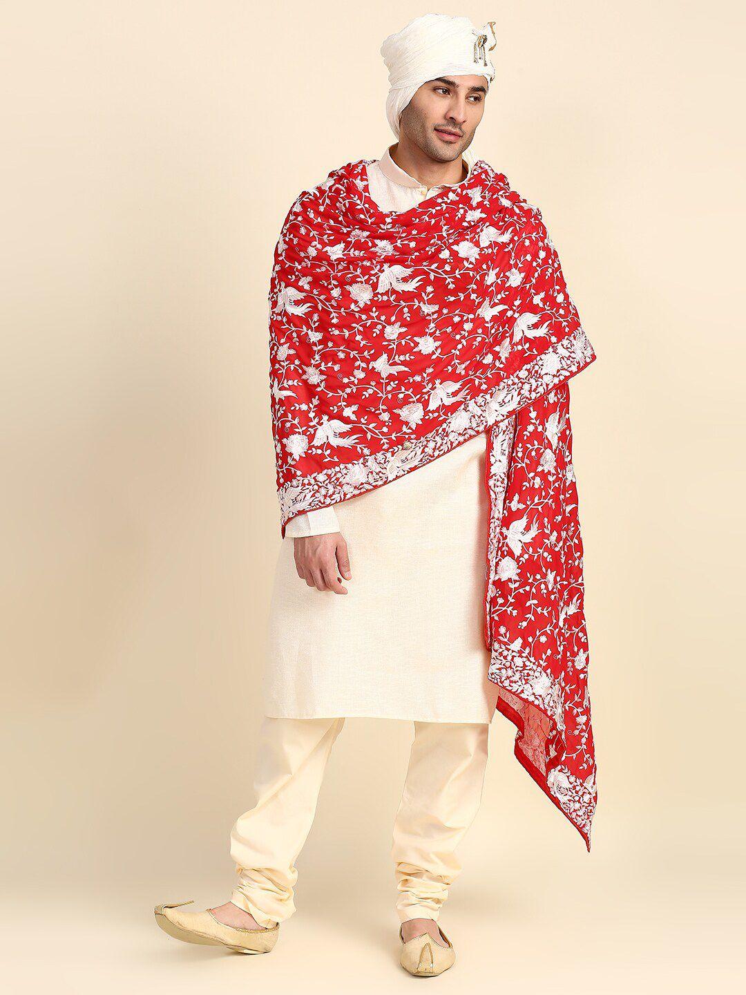 dupatta bazaar men red & silver-toned embroidered dupatta