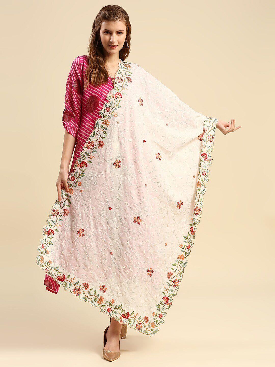 dupatta bazaar off white & red embroidered pure cotton dupatta with thread work