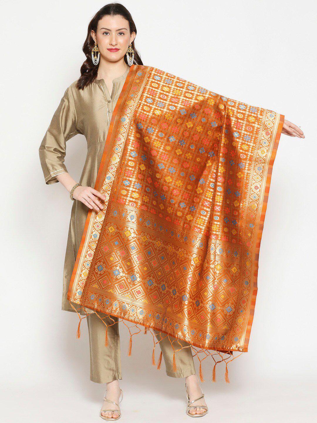 dupatta bazaar rust & gold-coloured ethnic motifs woven design banarasi dupatta with zari