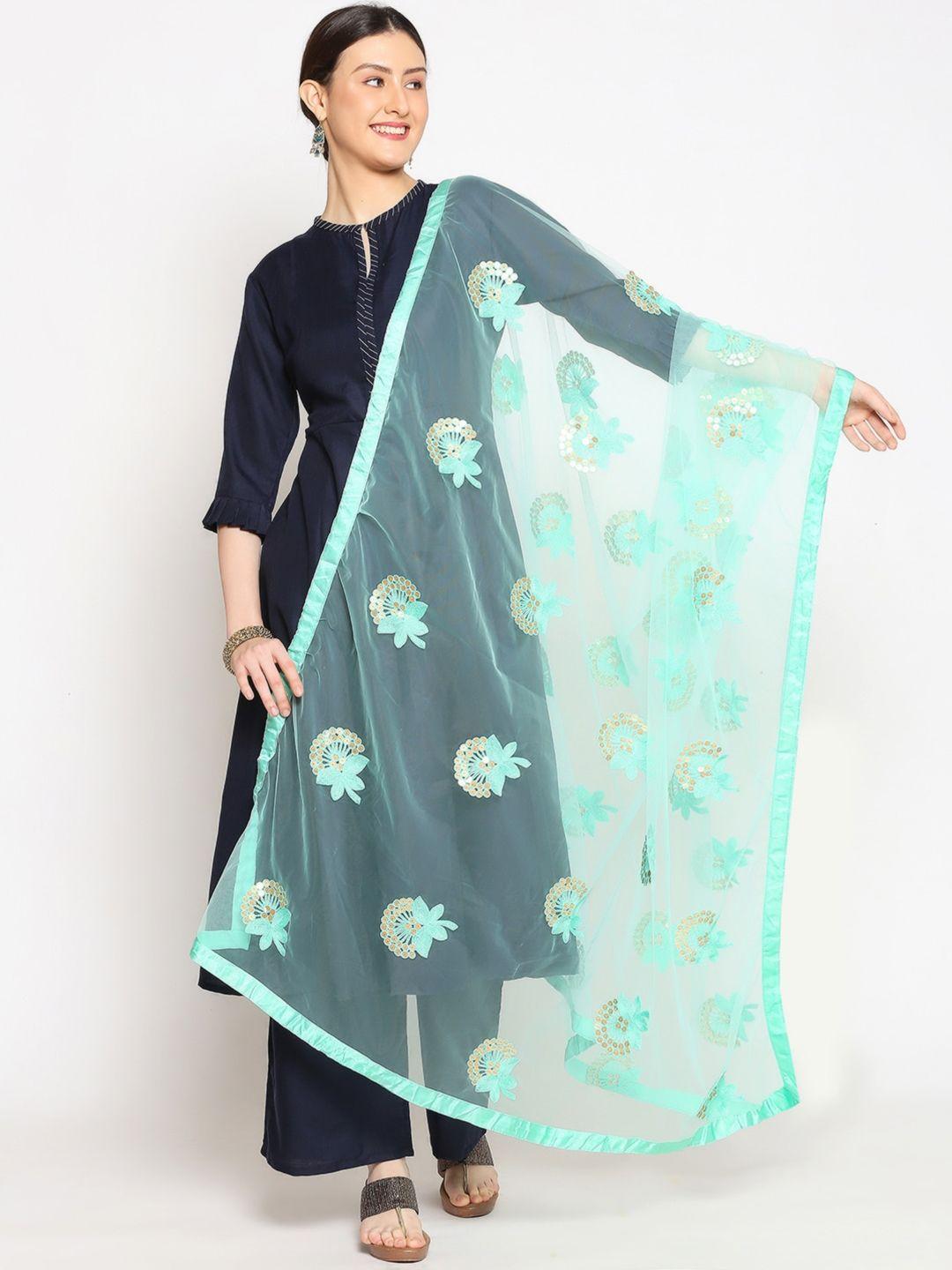 dupatta bazaar sea green & gold-toned embroidered dupatta with sequinned