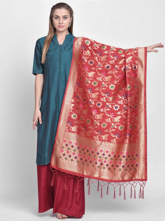 dupatta bazaar woman's red banarasi silk dupatta with floral jaal