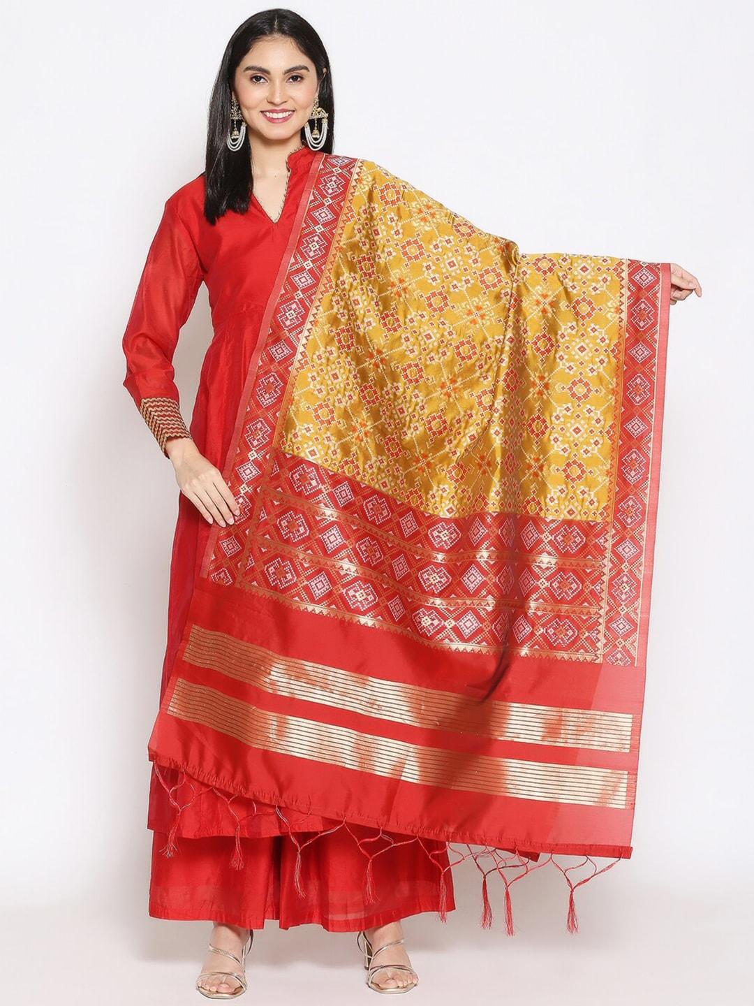 dupatta bazaar women mustard & red ethnic motifs woven design banarasi dupatta