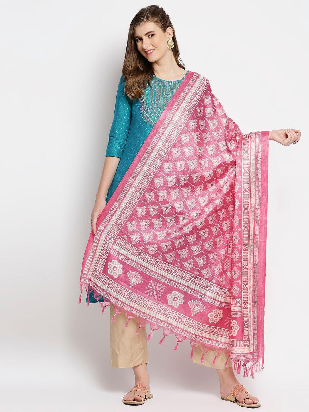 dupatta bazaar women pink & cream-coloured ethnic motifs printed art silk dupatta