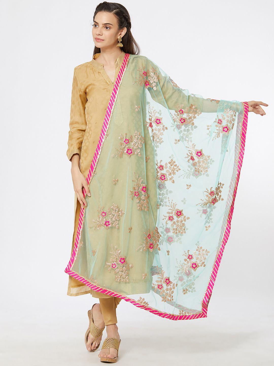 dupatta bazaar women sea green & pink embroidered dupatta
