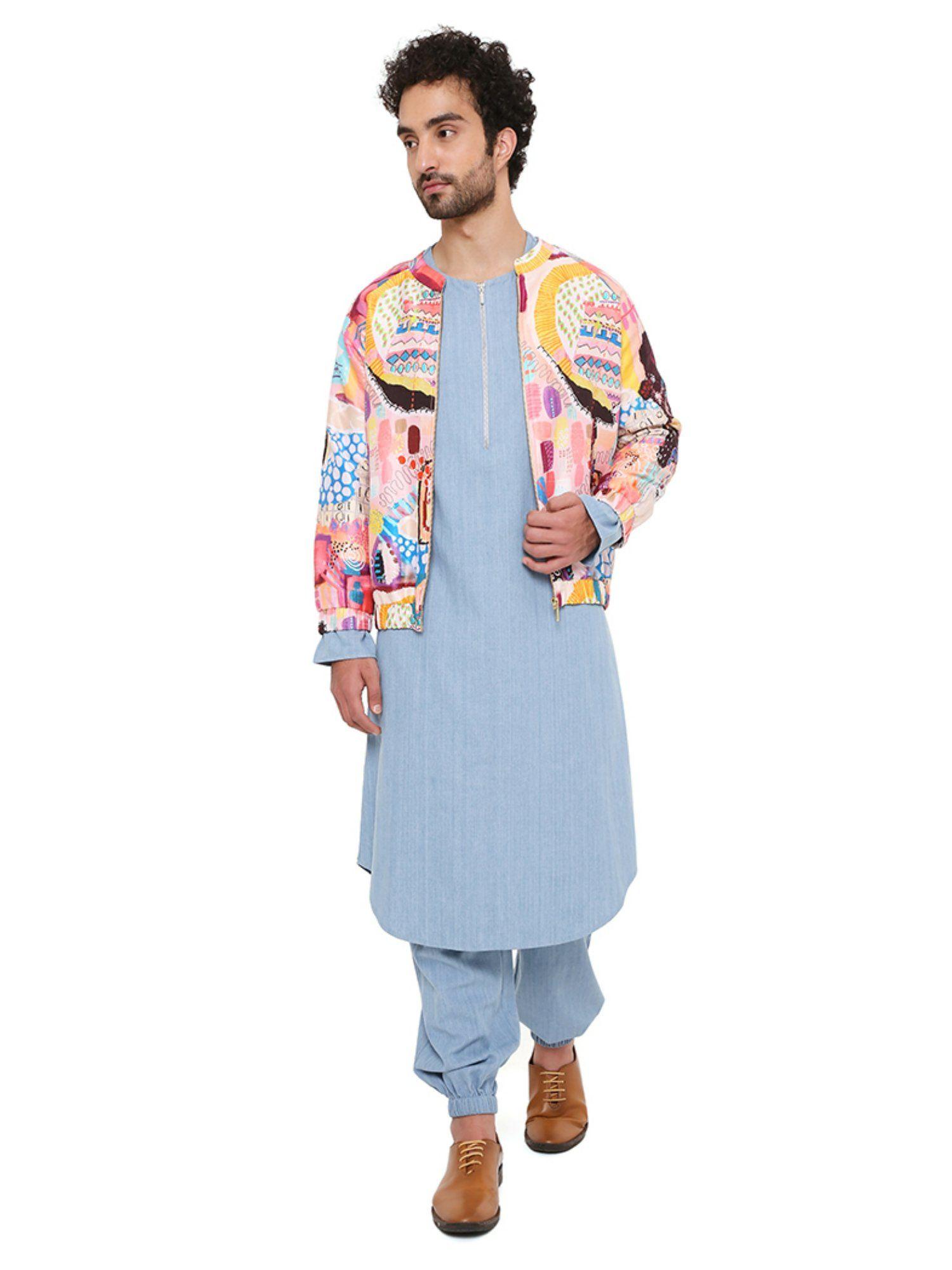 dupion silk bomber jacket with denim kurta and jogger pants (set of 3)