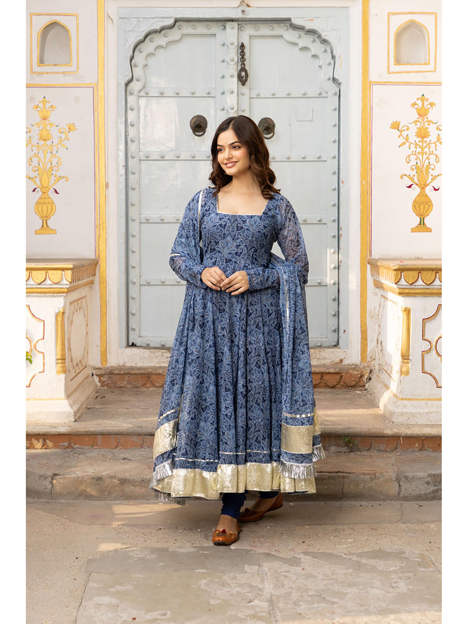 durga anarkali kurta with churidar & dupatta (set of 3)