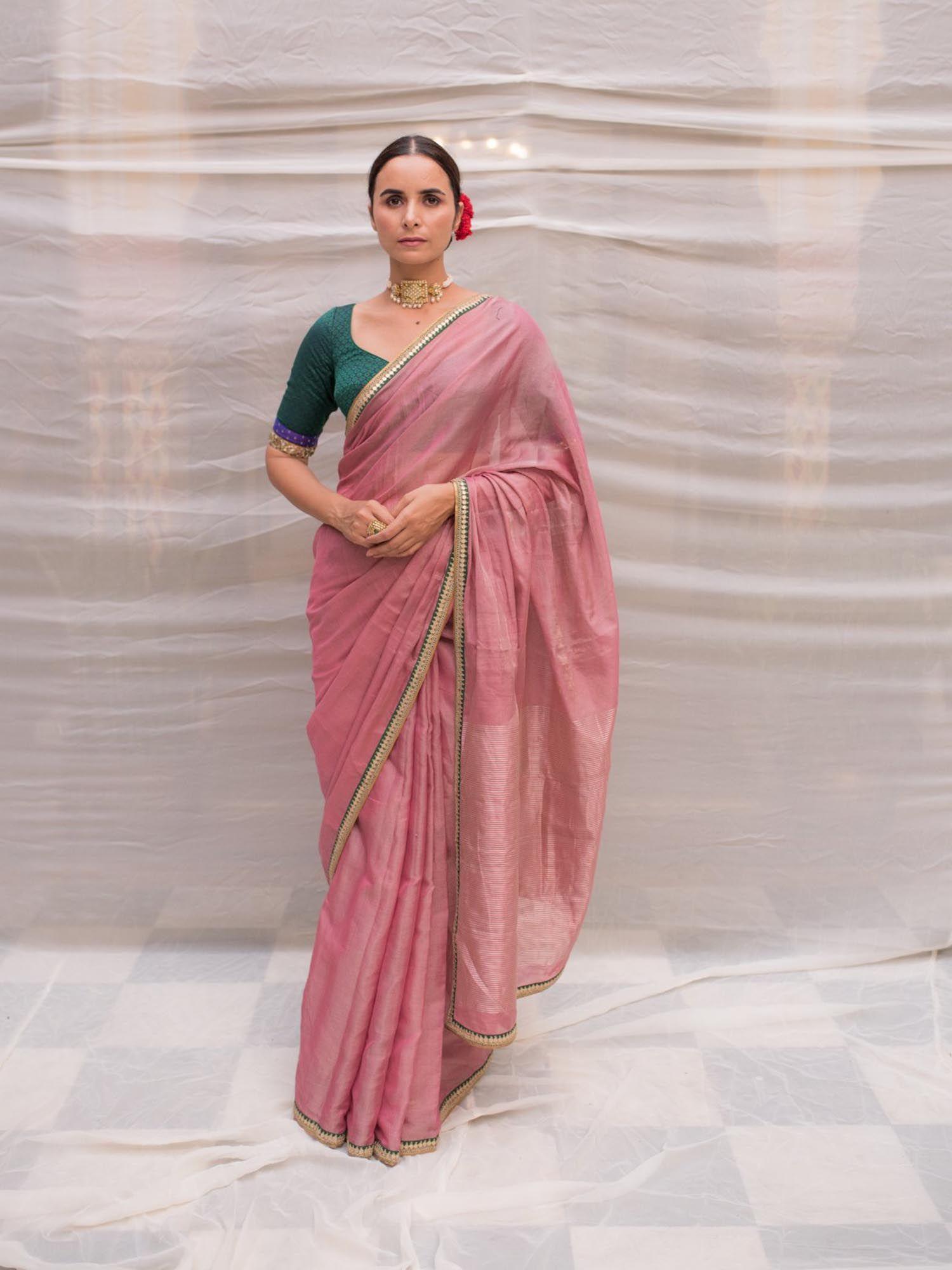 durga pink chanderi tissue saree with hand zardozi border with unstitched blouse
