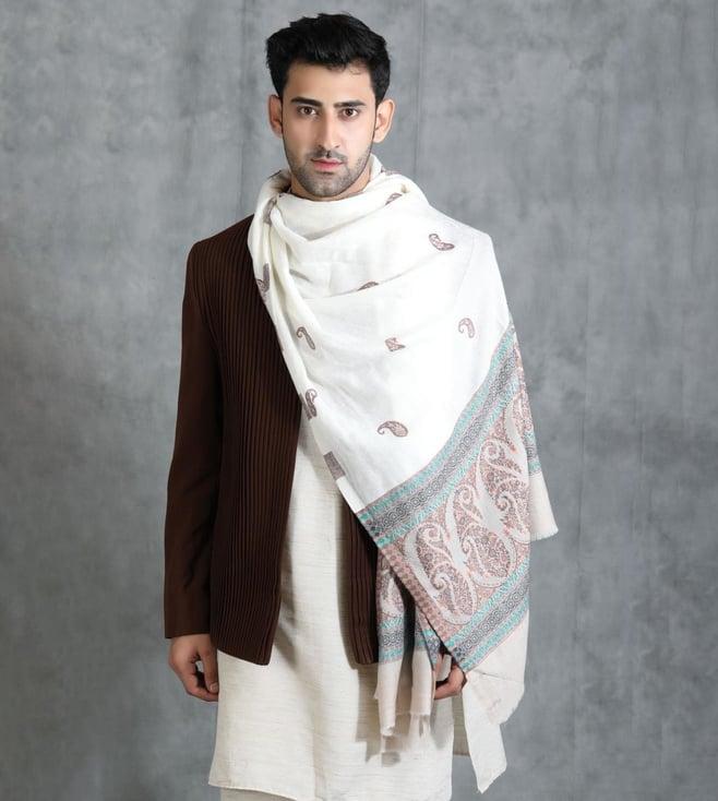 dusala white handwoven cashmere fine wool thread work and paisley design in palla stole