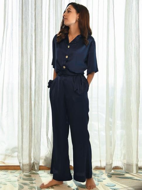 dusk attire blue blue satin bell shaped pyjama set