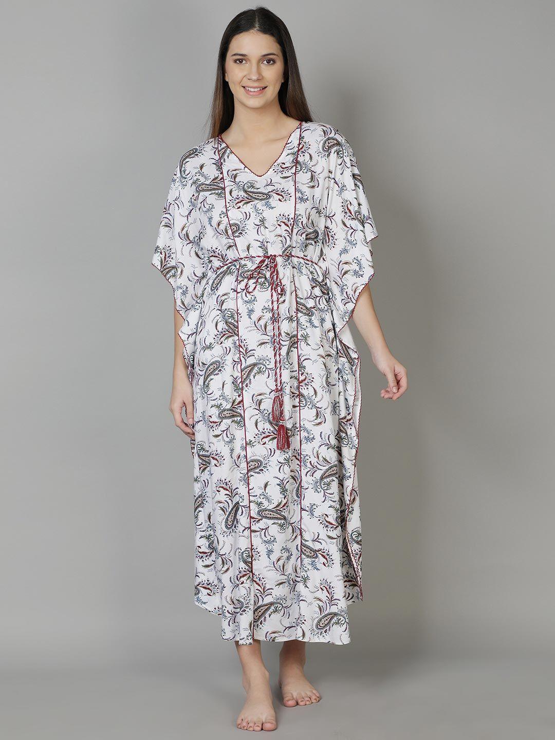 dusk attire women white printed maxi kaftan nightdress