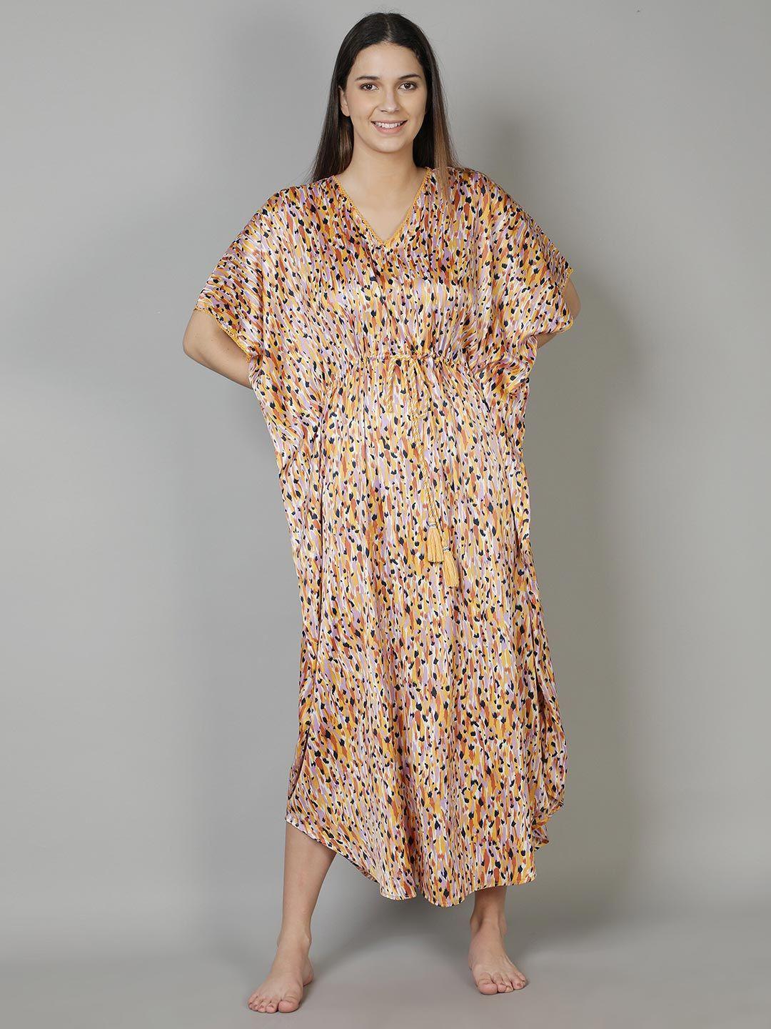 dusk attire women yellow printed maxi kaftan nightdress