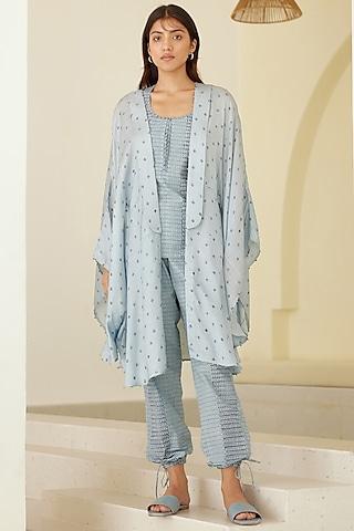 dusk blue chanderi & modal hand block printed kimono set