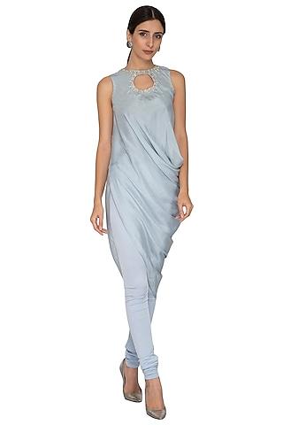 dusky blue embroidered tunic with churidaar pants