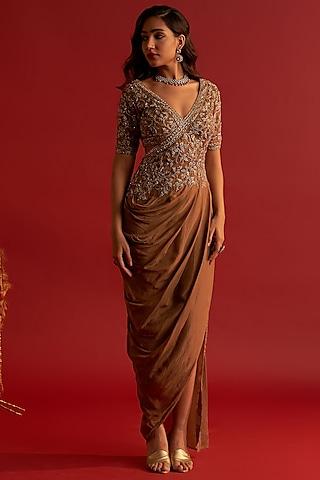 dusky gold organza zardosi hand embroidered draped gown saree