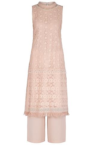 dusky peach embellished chikankari kurta set