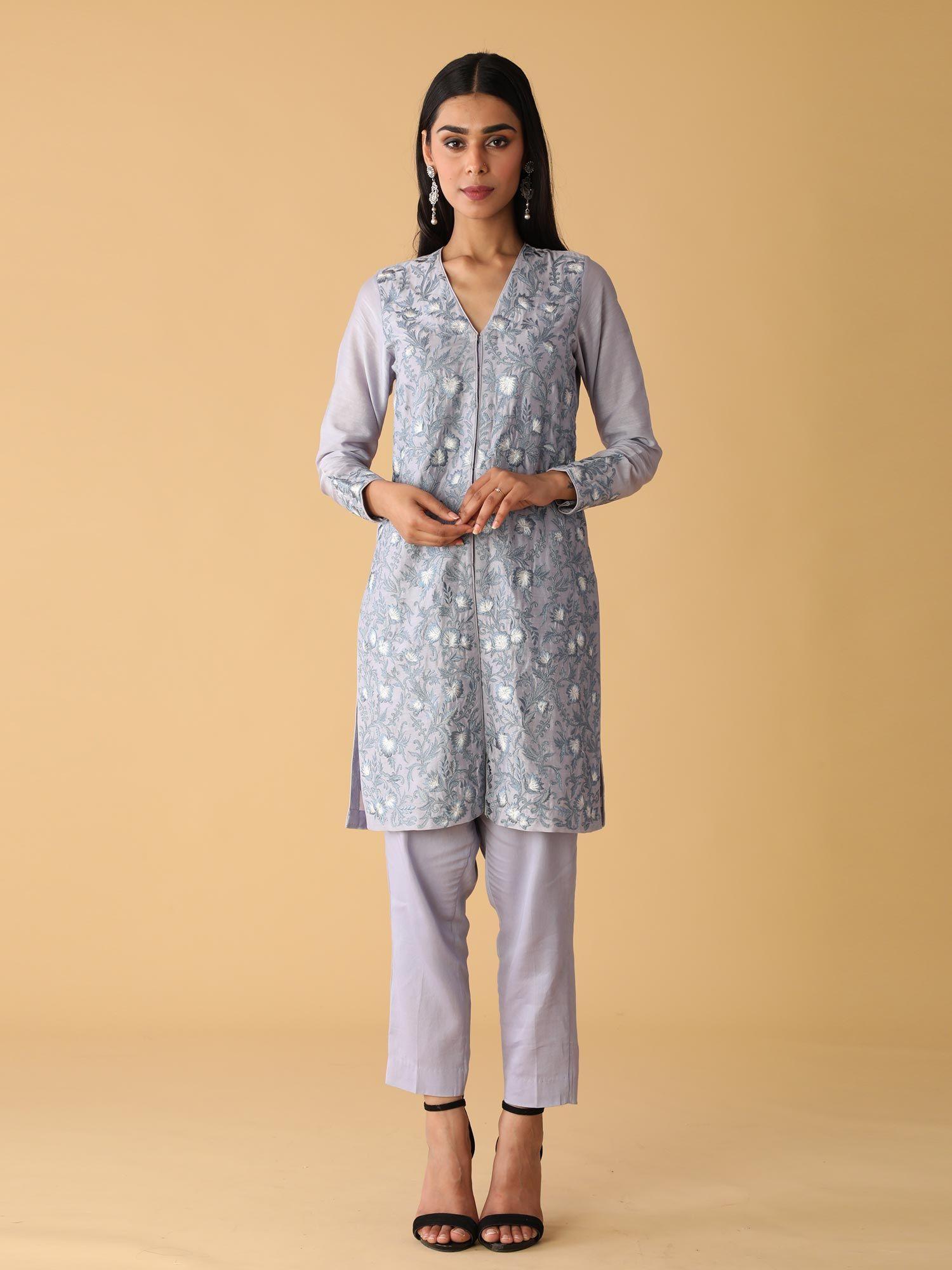 dusky periwinkle jacket style kurta set (3 pcs)