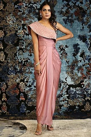 dusky pink hand embroidered draped dress