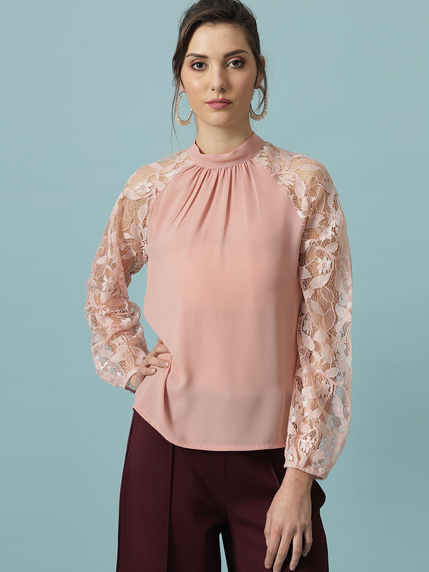 dusky pink medium length choker neck polyester blouse