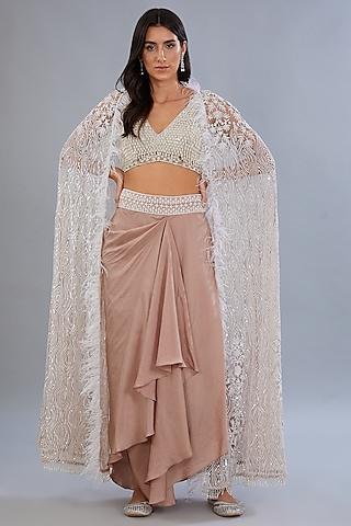 dusky pink net & crepe hand embroidered cape set