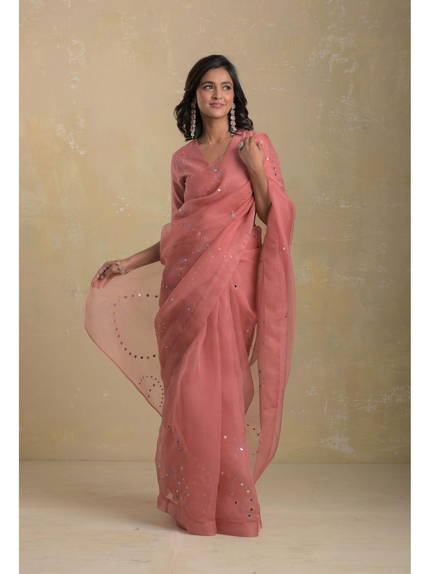 dusky pink organza saree with smocking blouse