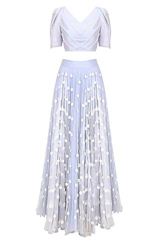 dust blue pearl embroidered crop top with flower work skirt